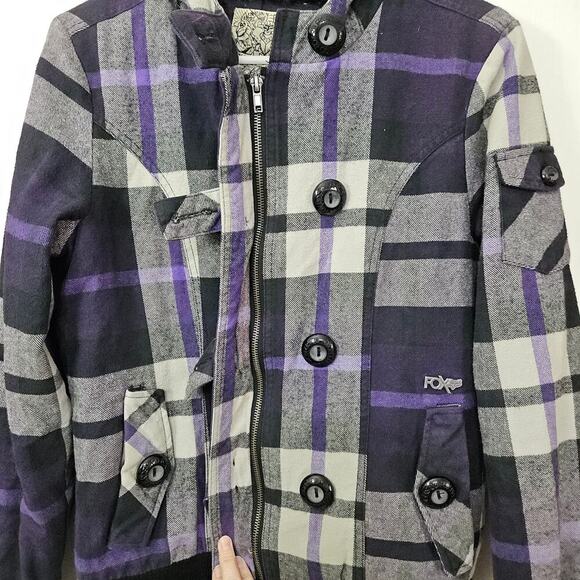 Y2K Fox Rider Faux Fur Lined Plaid Hoodie Jacket Purple/Black Size Medium - Picture 7 of 10